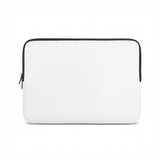 A small laptop sleeve in white with a black zipper and trim. It features a logo.