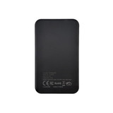 A black solid state power bank with a logo and specifications detailed on the back.