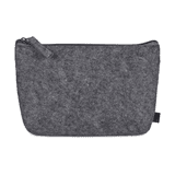 A grey RPET felt mini cosmetic bag with a zip closure and a small tag on the side.