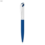 A blue pen with a silver clip, featuring a sleek design and a glossy finish. It has a branding logo on it.