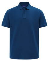 A men's short-sleeve polo in a deep navy blue, featuring a classic collar and a logo on the chest.