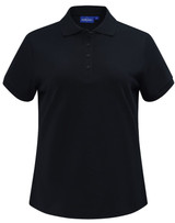 A black women's short-sleeve polo shirt made of cotton/poly pique, featuring a collar and a logo.