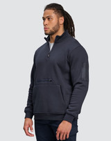 A unisex premium fleece half zip work sweat in navy blue, featuring a front pocket and a logo on the sleeve.