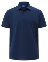 A navy blue polo shirt with a collar and short sleeves, featuring a small logo on the chest.