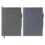 Two Mela Apple Leather refillable journals in grey and dark grey, each featuring a pen holder and a simple design.