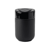 A black ceramic coffee cup with a glossy black lid and a sleek, rounded design. It features a logo on the side.