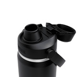 A drink bottle with a black body and a silver band, featuring a screw-top lid and a flip-open spout.