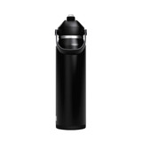 A drink bottle in sleek black with a flip straw lid and a carrying handle. It features a logo on the body.