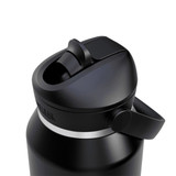 A drink bottle with a black finish, featuring a flip straw lid and a silver band. It has a logo on the side.