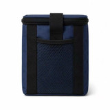 A navy cooler bag with a mesh pocket and black straps, featuring a zip closure. Includes a logo on the front.