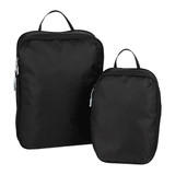 A set of black compression packing cubes in two sizes, featuring zippers and carry handles, with a logo.