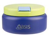 A food flask in navy blue with a light green lid, featuring a logo on the front.