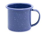 A navy blue enamel espresso mug with a speckled finish, measuring 6cm and holding 125ml.