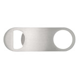A drink bottle opener in stainless steel with a sleek, minimalist design and a circular opening for gripping.
