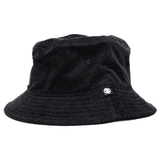 A black cord bucket hat with a brand logo on the side, featuring a wide brim and a textured fabric.