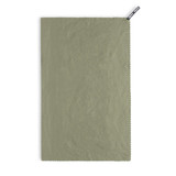 A lightweight, olive green cooling towel with a textured surface and a branded tag at the top.