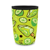 A drink bottle sleeve in vibrant green with a lime and popsicle pattern, featuring a black top edge.