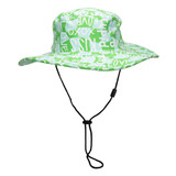 A green wide brim hat with a repeating pattern, featuring a chin strap and a logo.