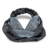 A custom elastic headband featuring a patterned design in shades of grey and black, with a lightweight fabric.