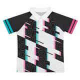 A women's active polo featuring a black, white, and multi-coloured pattern with a collar and a logo.