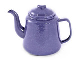 A purple enamel teapot with a spout and handle, featuring a speckled design. It has a lid on top.