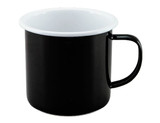 A two-tone mug featuring a black exterior and a white interior, with a sturdy handle and enamel finish.