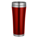 A travel mug in a glossy red finish with a stainless steel band at the top and bottom. It features a logo.