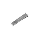 A silver metal clip flash drive with a logo on the side.