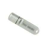 A silver flash drive with a cylindrical shape and a logo on its surface.