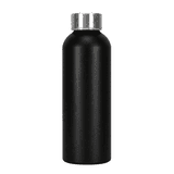 A drink bottle made from recycled aluminium, featuring a sleek black finish and a silver metal cap.