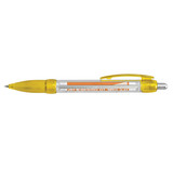 A plastic pen with a transparent barrel and yellow accents, featuring a logo on the side.