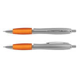 A silver barrel pen with an orange accent, featuring a clip and a logo on the body.