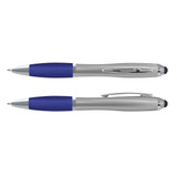 A classic stylus pen with a silver body and blue grip, featuring a clip and a stylus tip.