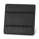 A black display stand with elastic bands for holding items, featuring a sleek, minimalist design.