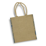 A jute tote bag in natural colour with patterned blue trim and two sturdy handles. Features a logo.
