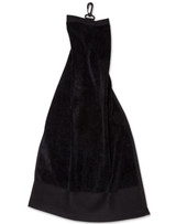A black golf towel with a hook for easy attachment. It features a soft, plush texture.