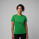 A green women's t-shirt with short sleeves and a round neckline, featuring a logo.