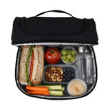 A black lunch bag containing a sandwich, apple, grapes, carrot sticks, celery, nuts, blueberries, hummus, and a drink bottle.