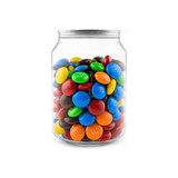 A clear canister filled with M&M's in various colours, including blue, yellow, green, red, and brown.