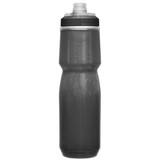 A drink bottle in a grey hue with a black cap, featuring a textured grip and a logo.