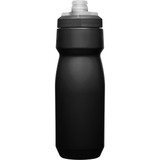 A drink bottle in plain black, featuring a streamlined design and a non-slip grip. It has a logo on the side.
