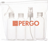 A clear toiletry bag containing four empty bottles—two with screw caps and one with a spray nozzle—plus a funnel.