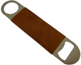 A bottle opener with a metallic finish and a brown leather grip, featuring two openings at either end.