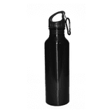 A drink bottle in sleek black, featuring a screw top and a carabiner clip for easy attachment.