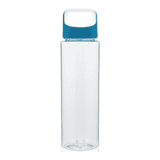 A drink bottle with a transparent body and a blue lid, featuring a logo on the lid.