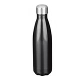 A drink bottle in sleek black stainless steel with a silver cap and a modern, curved design.