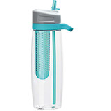 A drink bottle in clear plastic with a grey lid and turquoise accents, featuring a built-in infuser.