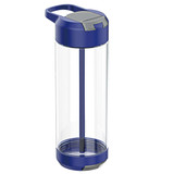 A drink bottle in blue and clear, featuring a grey cap and a built-in straw, with a logo on the side.