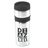 A stainless steel coffee mug featuring a black band and a logo. The mug has a black lid and a sleek design.