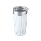 A coffee mug in a marble design, featuring a stainless steel rim and a clear lid. Includes a logo.